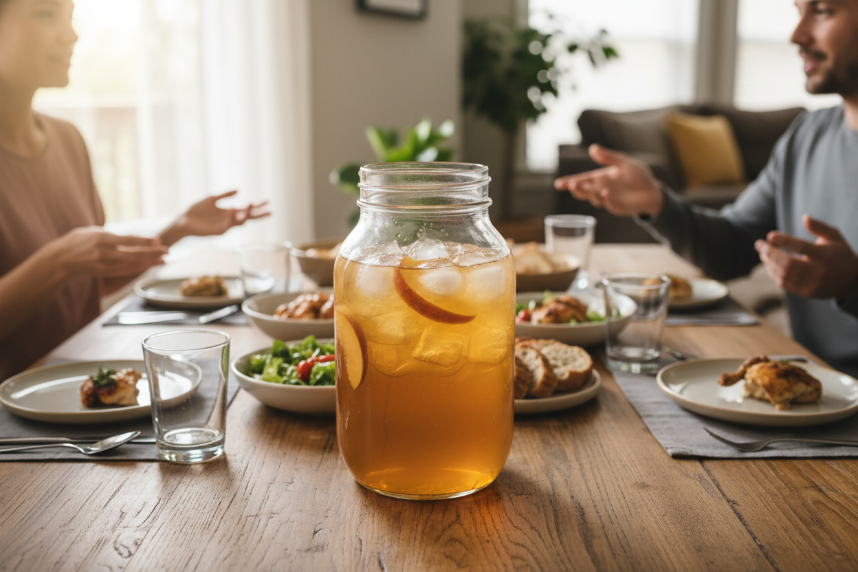 big jar of ice tea peach flavored family table scene