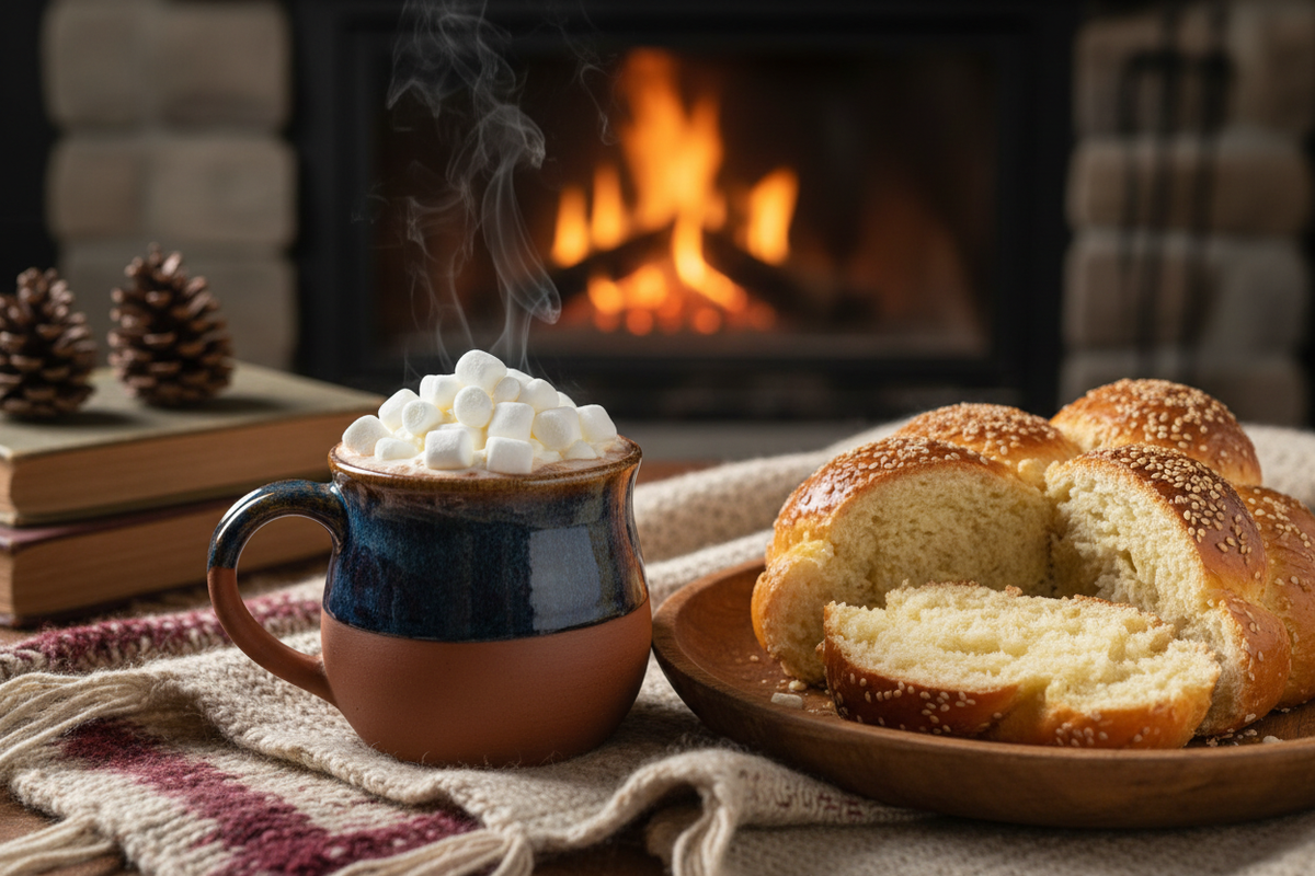 cup of hot chocolate with boun bread